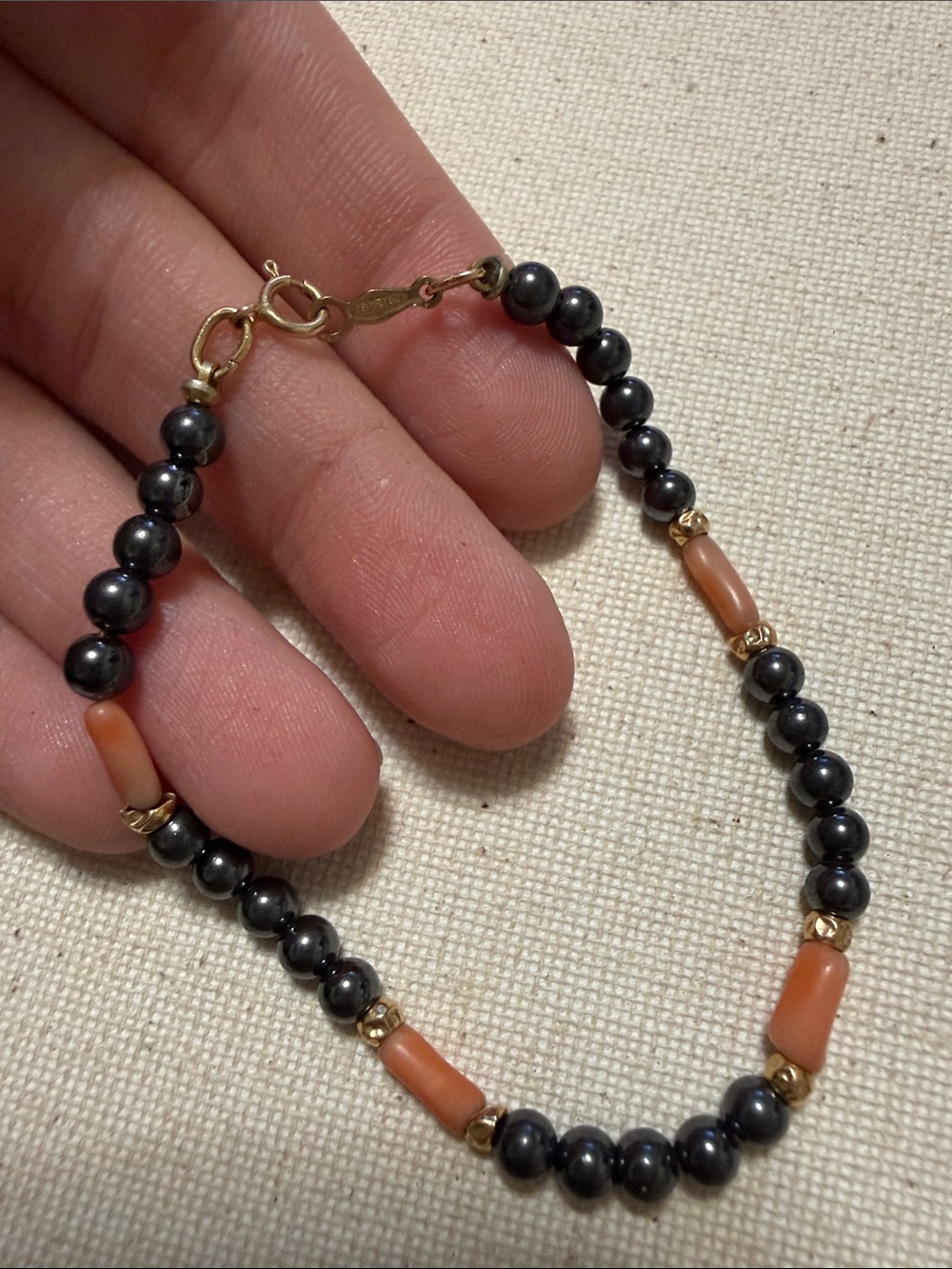 1/20 12K Gold-Filled and Black Beaded Bracelet with Coral Accent 6.5’ inch long
